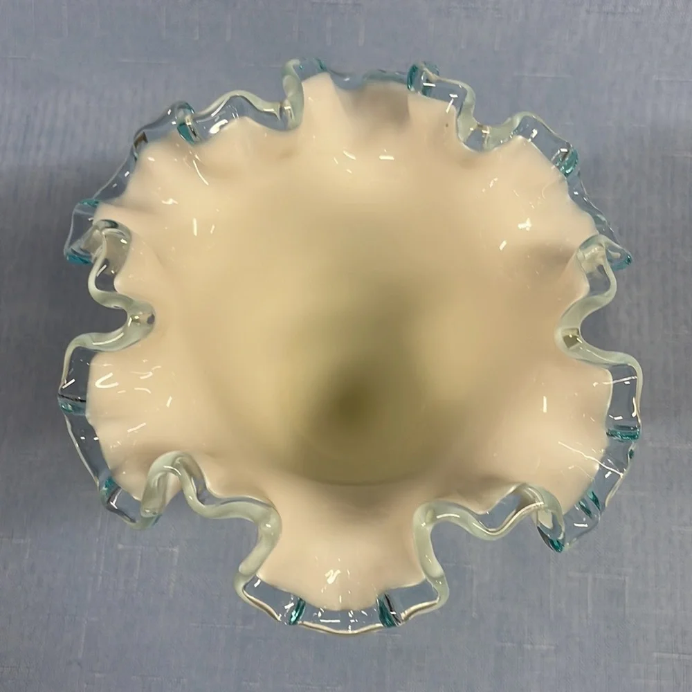 Fenton Aqua Blue Crest Ruffled Edge Milk Glass Vase 6.25" - Picture 2 of 4